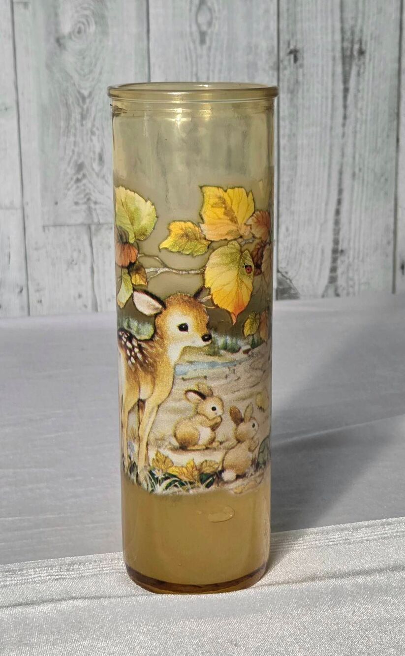 Vtg 60s 70s Amber / Yellow Glass Woodland Deer Rabbit Animal Fall Pillar Candle